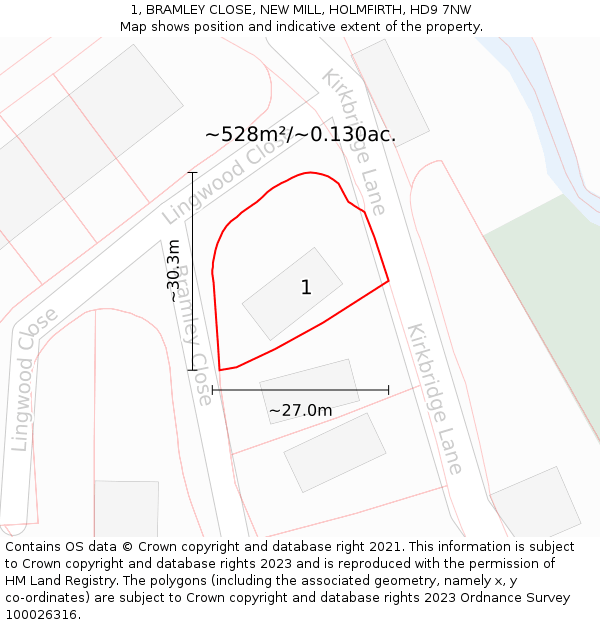 1, BRAMLEY CLOSE, NEW MILL, HOLMFIRTH, HD9 7NW: Plot and title map