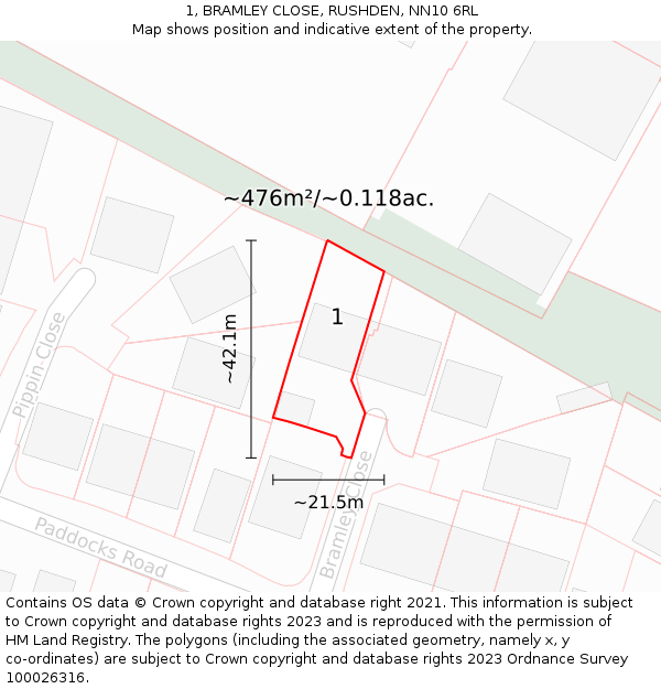 1, BRAMLEY CLOSE, RUSHDEN, NN10 6RL: Plot and title map
