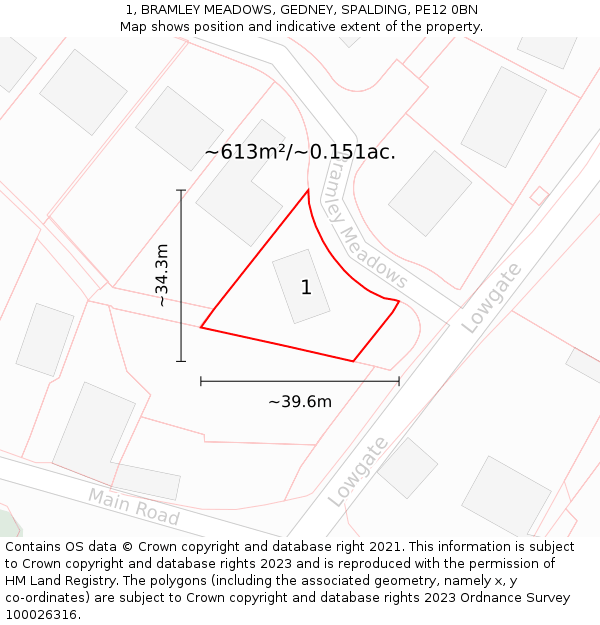 1, BRAMLEY MEADOWS, GEDNEY, SPALDING, PE12 0BN: Plot and title map
