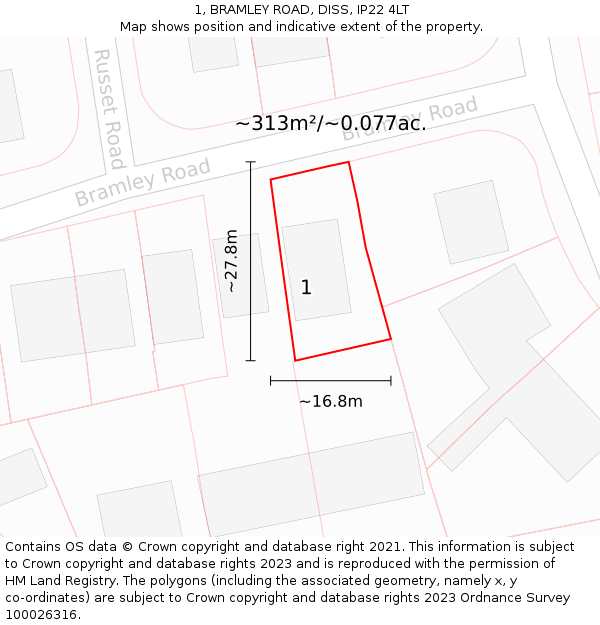 1, BRAMLEY ROAD, DISS, IP22 4LT: Plot and title map