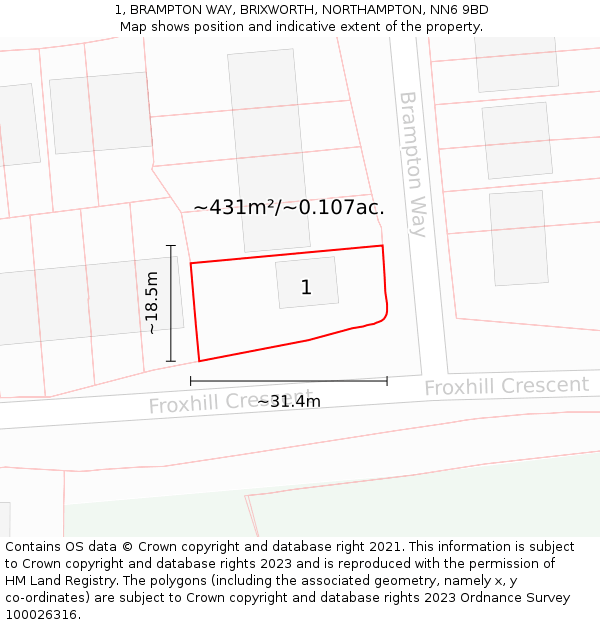 1, BRAMPTON WAY, BRIXWORTH, NORTHAMPTON, NN6 9BD: Plot and title map
