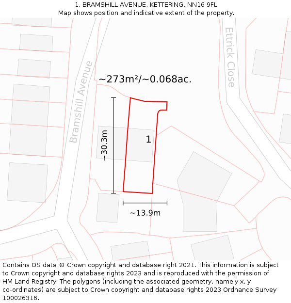 1, BRAMSHILL AVENUE, KETTERING, NN16 9FL: Plot and title map
