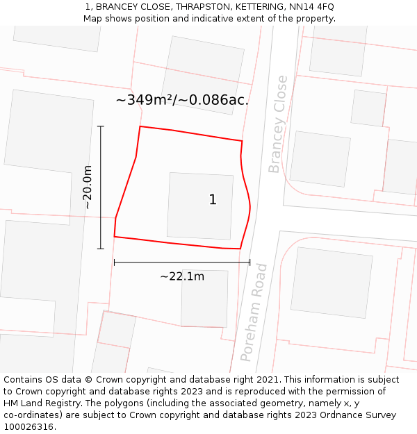 1, BRANCEY CLOSE, THRAPSTON, KETTERING, NN14 4FQ: Plot and title map