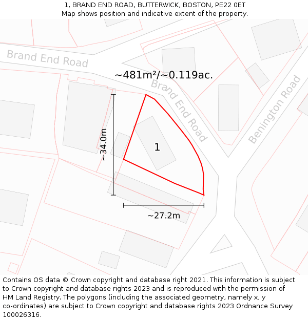 1, BRAND END ROAD, BUTTERWICK, BOSTON, PE22 0ET: Plot and title map
