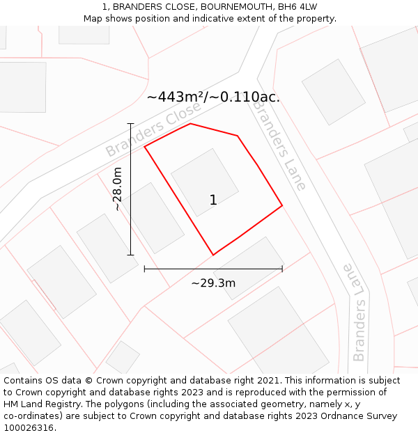 1, BRANDERS CLOSE, BOURNEMOUTH, BH6 4LW: Plot and title map