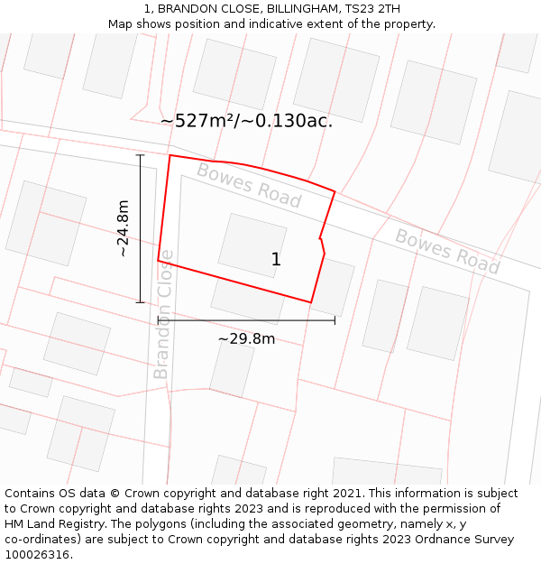 1, BRANDON CLOSE, BILLINGHAM, TS23 2TH: Plot and title map