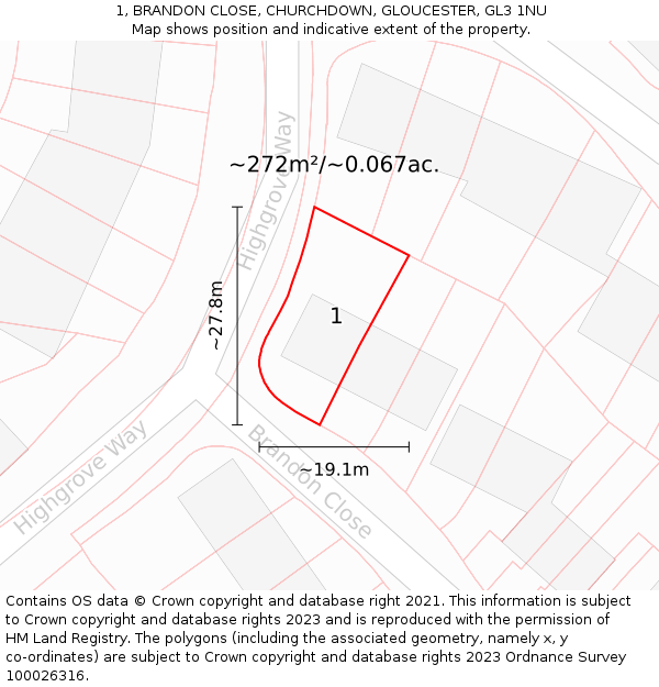 1, BRANDON CLOSE, CHURCHDOWN, GLOUCESTER, GL3 1NU: Plot and title map