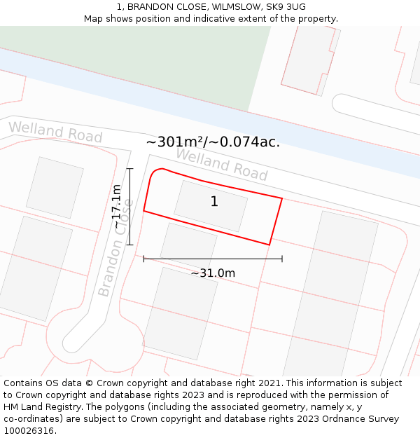 1, BRANDON CLOSE, WILMSLOW, SK9 3UG: Plot and title map