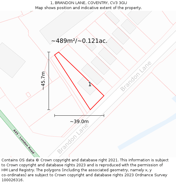 1, BRANDON LANE, COVENTRY, CV3 3GU: Plot and title map