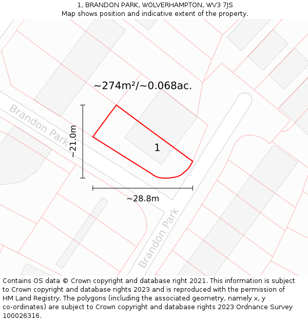 1, BRANDON PARK, WOLVERHAMPTON, WV3 7JS: Plot and title map