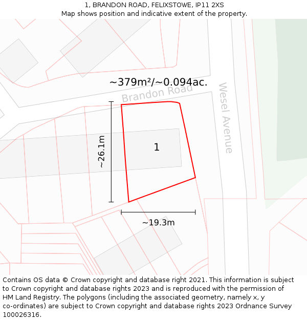 1, BRANDON ROAD, FELIXSTOWE, IP11 2XS: Plot and title map
