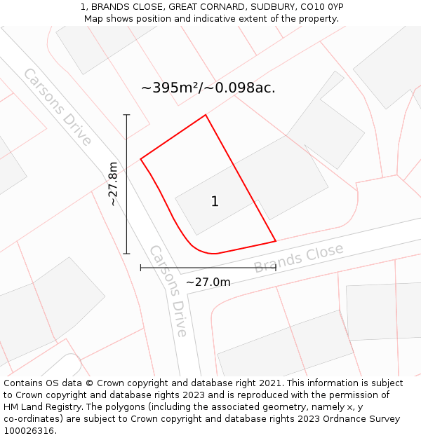 1, BRANDS CLOSE, GREAT CORNARD, SUDBURY, CO10 0YP: Plot and title map