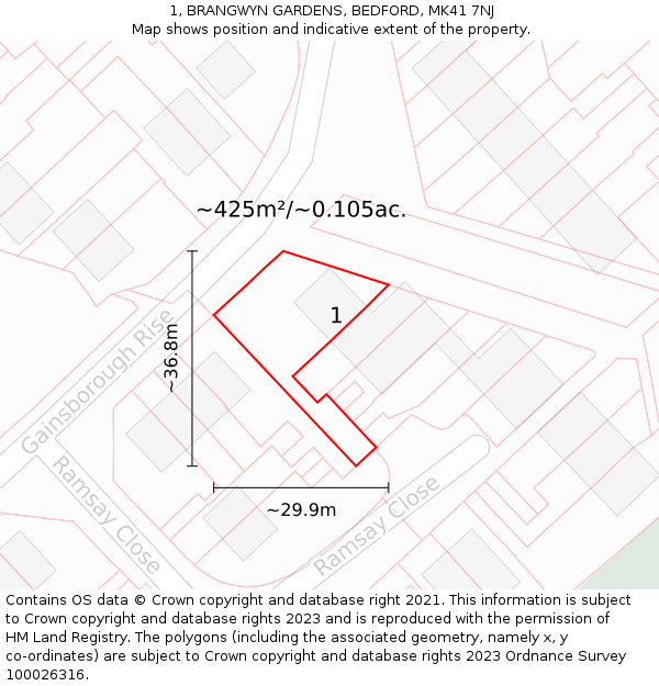 1, BRANGWYN GARDENS, BEDFORD, MK41 7NJ: Plot and title map