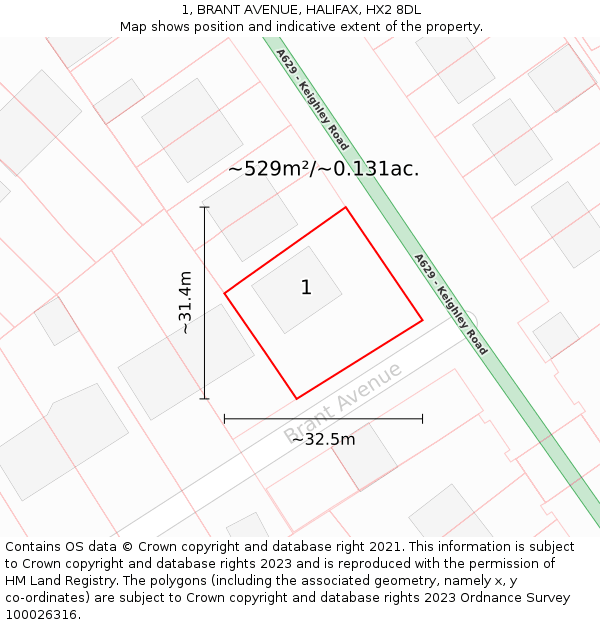 1, BRANT AVENUE, HALIFAX, HX2 8DL: Plot and title map