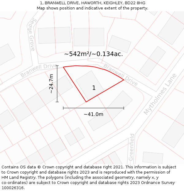 1, BRANWELL DRIVE, HAWORTH, KEIGHLEY, BD22 8HG: Plot and title map