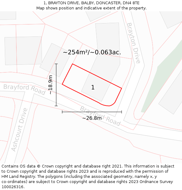 1, BRAYTON DRIVE, BALBY, DONCASTER, DN4 8TE: Plot and title map