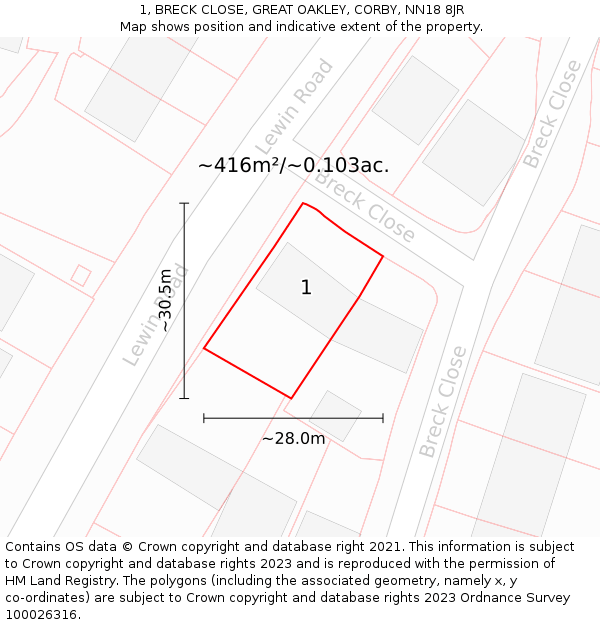 1, BRECK CLOSE, GREAT OAKLEY, CORBY, NN18 8JR: Plot and title map