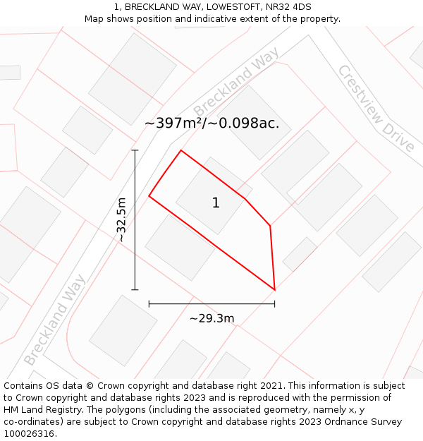 1, BRECKLAND WAY, LOWESTOFT, NR32 4DS: Plot and title map