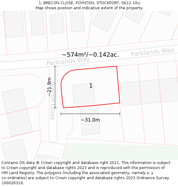1, BRECON CLOSE, POYNTON, STOCKPORT, SK12 1AU: Plot and title map
