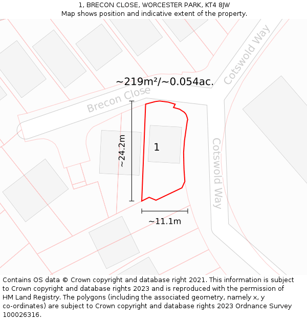 1, BRECON CLOSE, WORCESTER PARK, KT4 8JW: Plot and title map