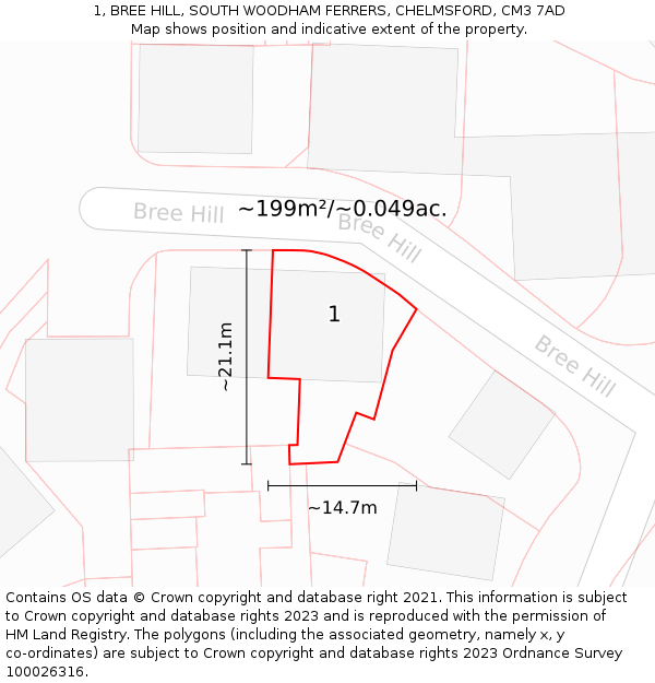 1, BREE HILL, SOUTH WOODHAM FERRERS, CHELMSFORD, CM3 7AD: Plot and title map