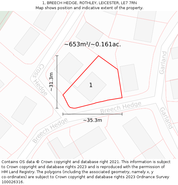 1, BREECH HEDGE, ROTHLEY, LEICESTER, LE7 7RN: Plot and title map