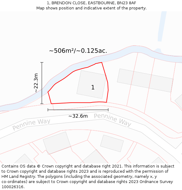 1, BRENDON CLOSE, EASTBOURNE, BN23 8AF: Plot and title map