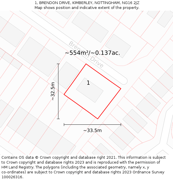 1, BRENDON DRIVE, KIMBERLEY, NOTTINGHAM, NG16 2JZ: Plot and title map