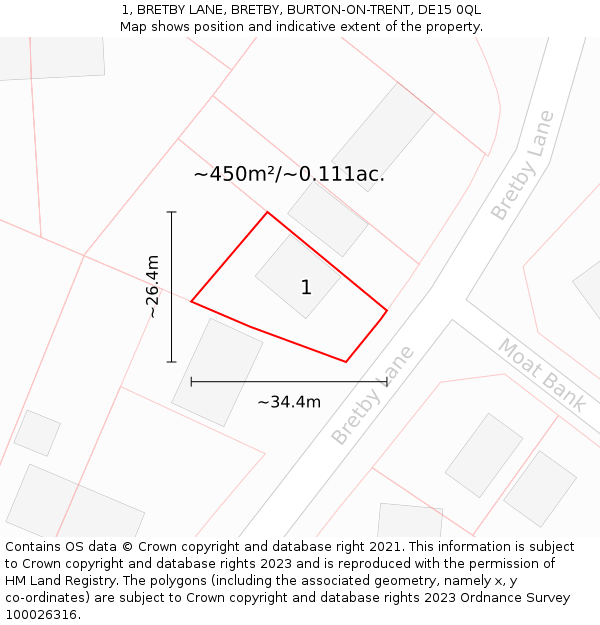1, BRETBY LANE, BRETBY, BURTON-ON-TRENT, DE15 0QL: Plot and title map