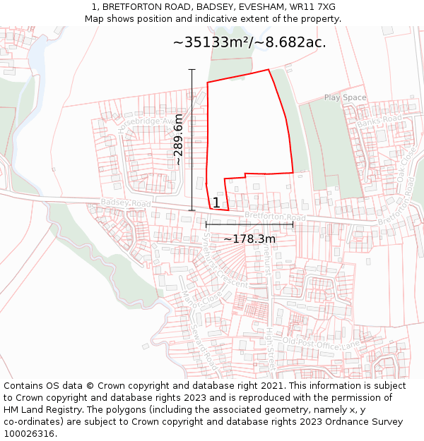 1, BRETFORTON ROAD, BADSEY, EVESHAM, WR11 7XG: Plot and title map