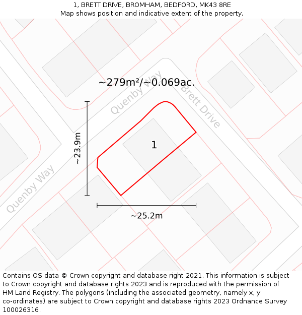 1, BRETT DRIVE, BROMHAM, BEDFORD, MK43 8RE: Plot and title map