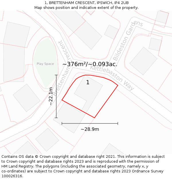 1, BRETTENHAM CRESCENT, IPSWICH, IP4 2UB: Plot and title map