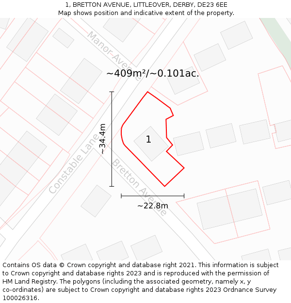 1, BRETTON AVENUE, LITTLEOVER, DERBY, DE23 6EE: Plot and title map