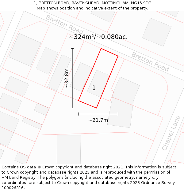 1, BRETTON ROAD, RAVENSHEAD, NOTTINGHAM, NG15 9DB: Plot and title map