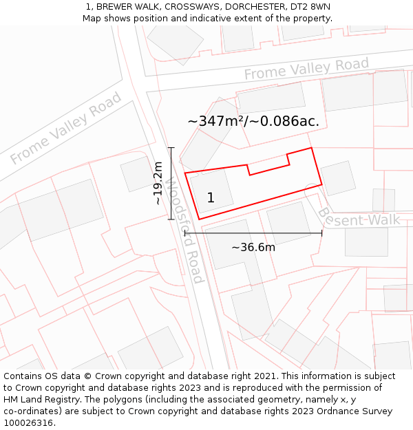 1, BREWER WALK, CROSSWAYS, DORCHESTER, DT2 8WN: Plot and title map