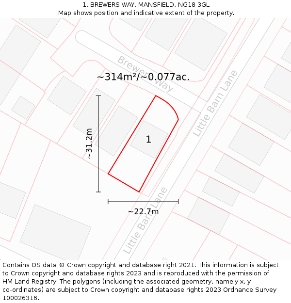 1, BREWERS WAY, MANSFIELD, NG18 3GL: Plot and title map