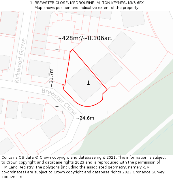 1, BREWSTER CLOSE, MEDBOURNE, MILTON KEYNES, MK5 6FX: Plot and title map