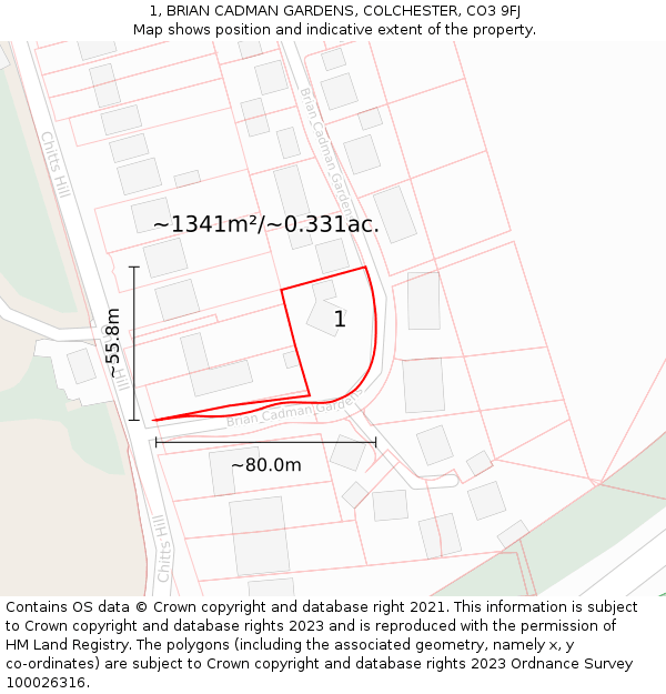 1, BRIAN CADMAN GARDENS, COLCHESTER, CO3 9FJ: Plot and title map