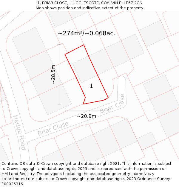 1, BRIAR CLOSE, HUGGLESCOTE, COALVILLE, LE67 2GN: Plot and title map