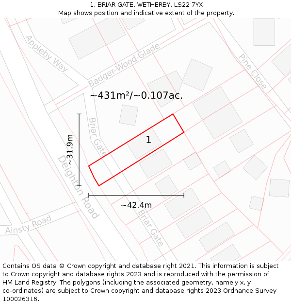 1, BRIAR GATE, WETHERBY, LS22 7YX: Plot and title map