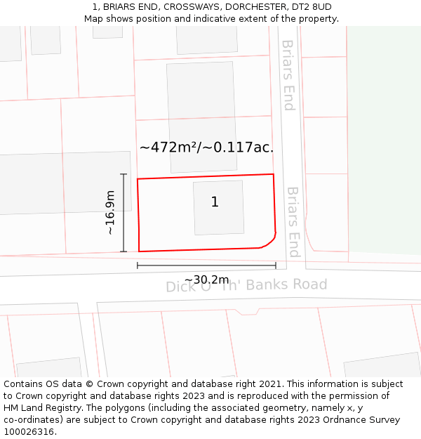1, BRIARS END, CROSSWAYS, DORCHESTER, DT2 8UD: Plot and title map
