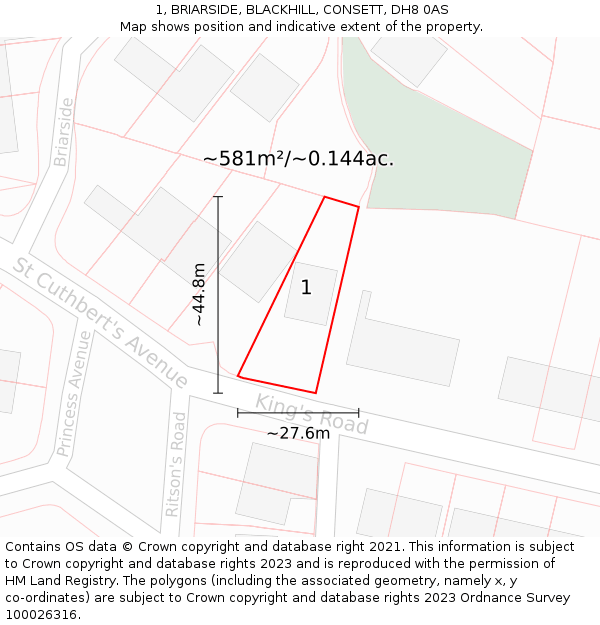 1, BRIARSIDE, BLACKHILL, CONSETT, DH8 0AS: Plot and title map