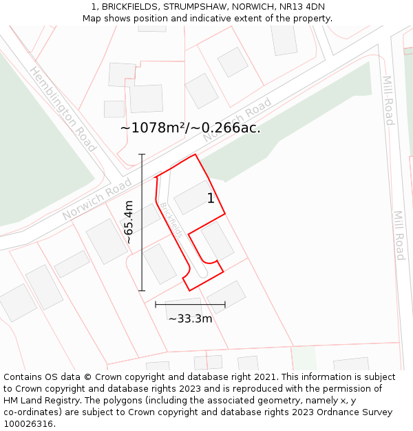 1, BRICKFIELDS, STRUMPSHAW, NORWICH, NR13 4DN: Plot and title map