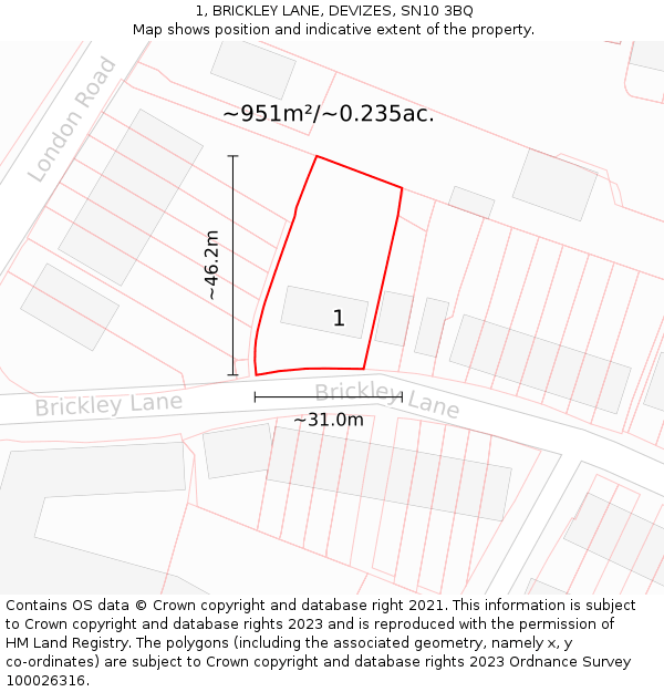1, BRICKLEY LANE, DEVIZES, SN10 3BQ: Plot and title map