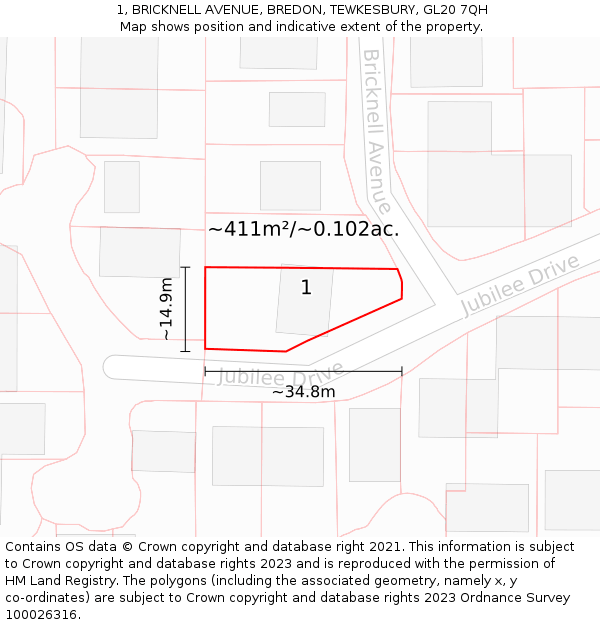 1, BRICKNELL AVENUE, BREDON, TEWKESBURY, GL20 7QH: Plot and title map