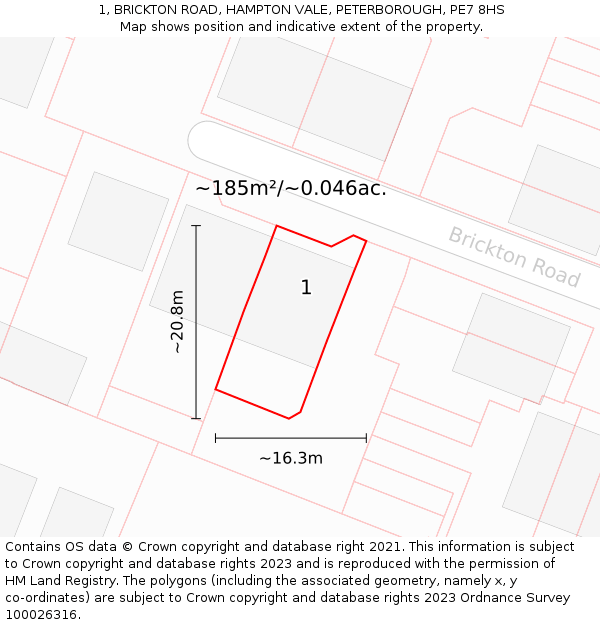 1, BRICKTON ROAD, HAMPTON VALE, PETERBOROUGH, PE7 8HS: Plot and title map