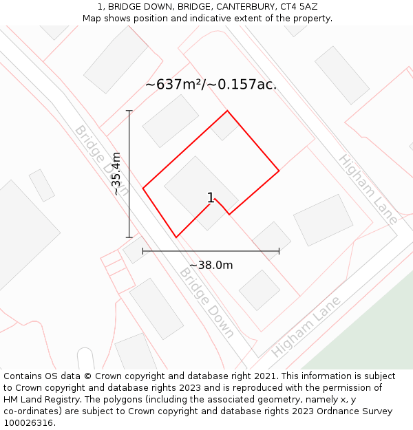 1, BRIDGE DOWN, BRIDGE, CANTERBURY, CT4 5AZ: Plot and title map