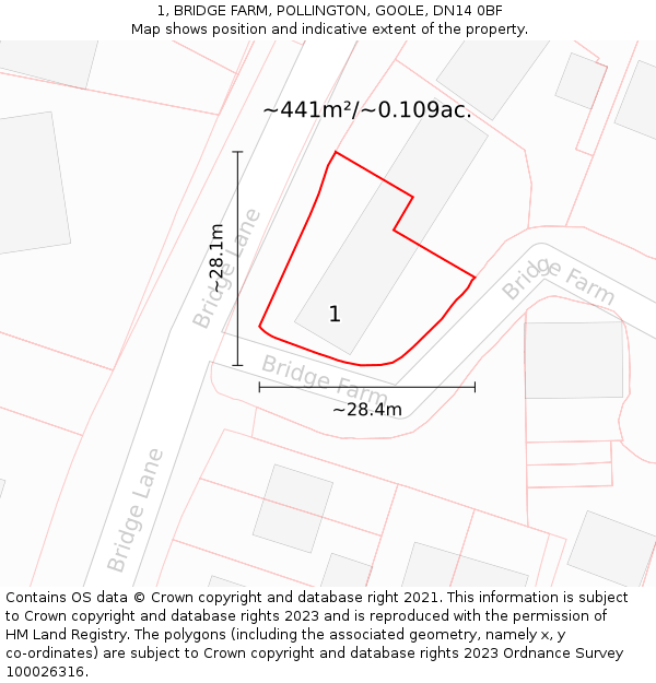 1, BRIDGE FARM, POLLINGTON, GOOLE, DN14 0BF: Plot and title map