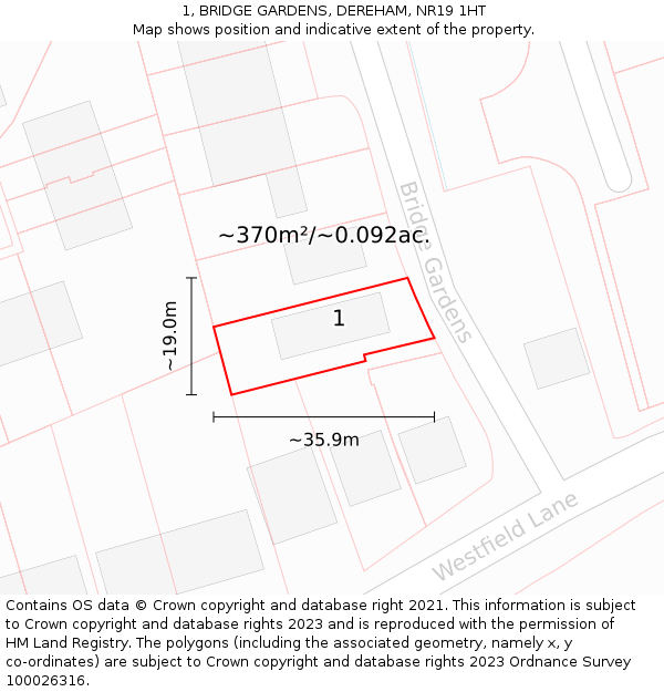 1, BRIDGE GARDENS, DEREHAM, NR19 1HT: Plot and title map