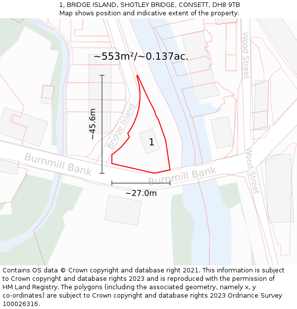 1, BRIDGE ISLAND, SHOTLEY BRIDGE, CONSETT, DH8 9TB: Plot and title map